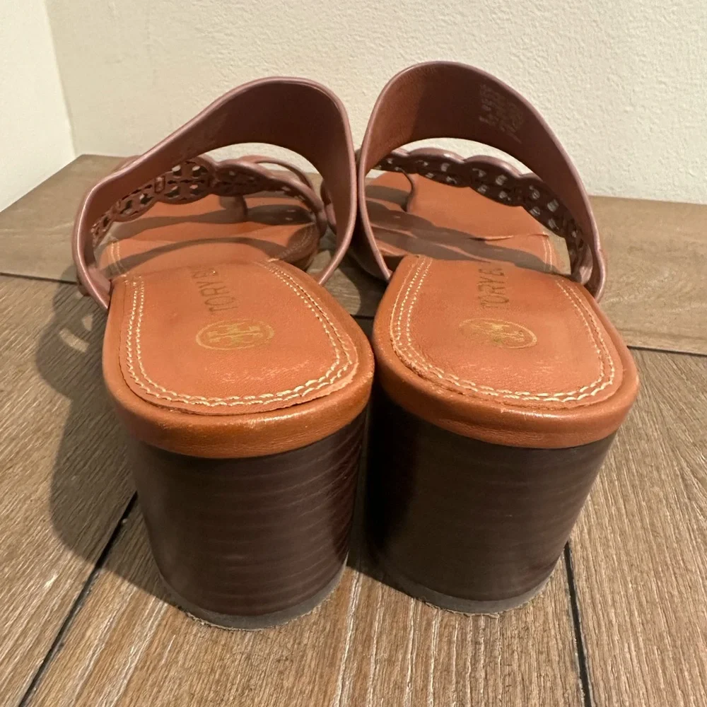 Tory Burch Tiny Miller Toe Ring Block Heeled Sandals Burnt Cuoio Size 8 - Picture 5 of 7